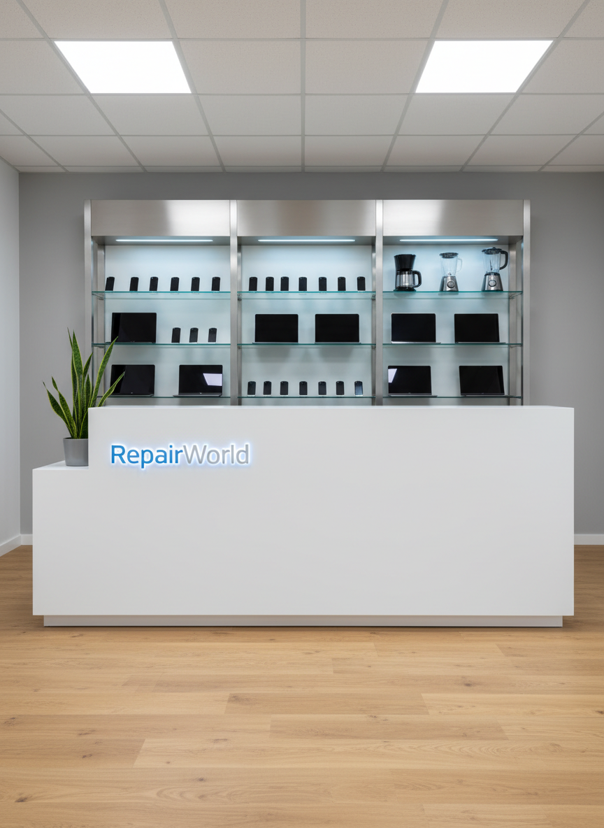 A modern repair service reception counter in photographic realism, without any people, featuring a sleek matte-white front desk with a subtle blue RepairWorld logo illuminated on the front panel. Behind the desk, a wall-mounted display showcases neatly arranged phones, laptops, and small appliances, all powered off and positioned symmetrically. The flooring is light oak laminate, and a small potted snake plant adds a touch of green on one corner of the counter. Bright, evenly distributed ceiling LED panels cast soft, shadowless light across the space, creating a clean, professional atmosphere. Captured from a slightly wide-angle, eye-level perspective with sharp focus throughout, the composition emphasizes organization, trustworthiness, and a contemporary, tech-savvy environment suitable for a repair business homepage hero image.