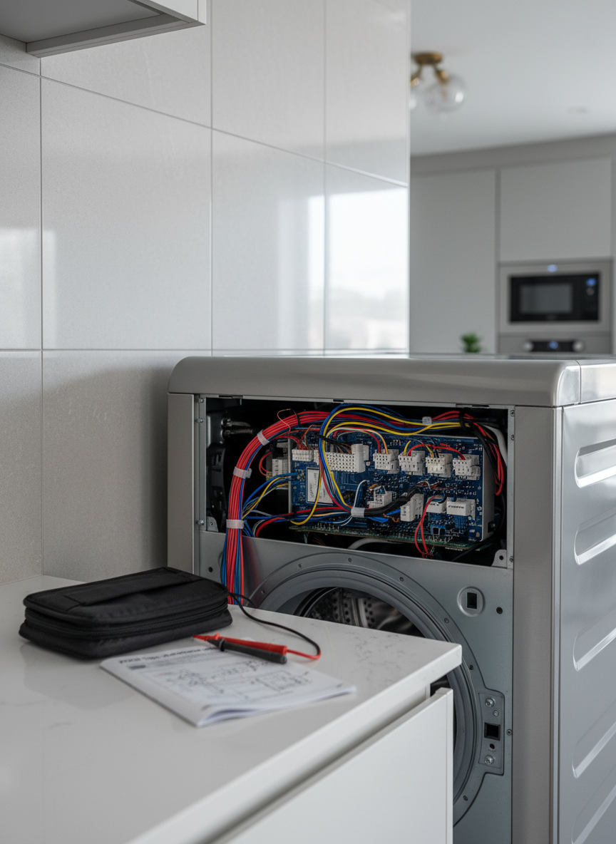 A sleek, stainless-steel home appliance repair scene in photographic realism, featuring the open front panel of a modern washing machine pulled slightly away from a smooth, light-gray tiled wall. The machine’s control module and wiring are visible but neatly organized, with colored cables and connectors clearly distinguishable. On the adjacent spotless white counter, a compact toolkit, digital multimeter, and folded service manual are arranged in a deliberate, orderly fashion. Soft, natural daylight filters in from an unseen window to the right, complemented by cool overhead lighting, creating a bright, trustworthy atmosphere. Shot from a slightly elevated three-quarter angle with moderate depth of field, the machine is in sharp focus while the background subtly softens. The overall mood is dependable, reassuring, and professional, showcasing careful home appliance diagnostics and repair.