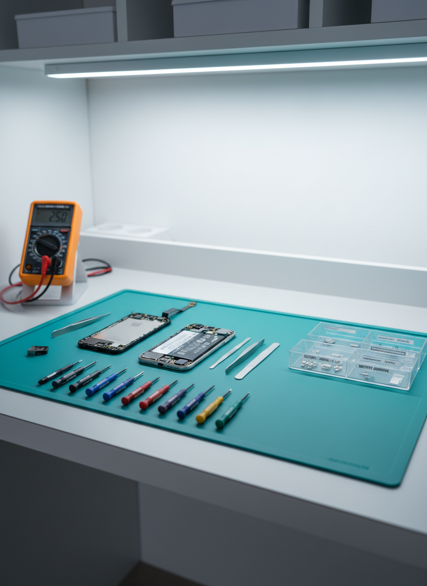 A meticulously organized electronics repair workstation in photographic realism, featuring an open smartphone with its internal components exposed, resting on an anti-static teal mat. Precision screwdrivers, labeled parts trays, and a digital multimeter are neatly arranged around it, all in pristine condition. The scene is set on a smooth light-gray workbench against a clean white wall with subtle shelving blurred in the background. Cool, diffused overhead LED lighting creates crisp, shadow-free visibility, emphasizing professionalism and precision. Shot at eye level with a shallow depth of field that keeps the phone and tools sharply in focus while softly blurring the surroundings. The mood is efficient, reliable, and highly technical, perfectly conveying fast, trustworthy repair services without any clutter or distractions.