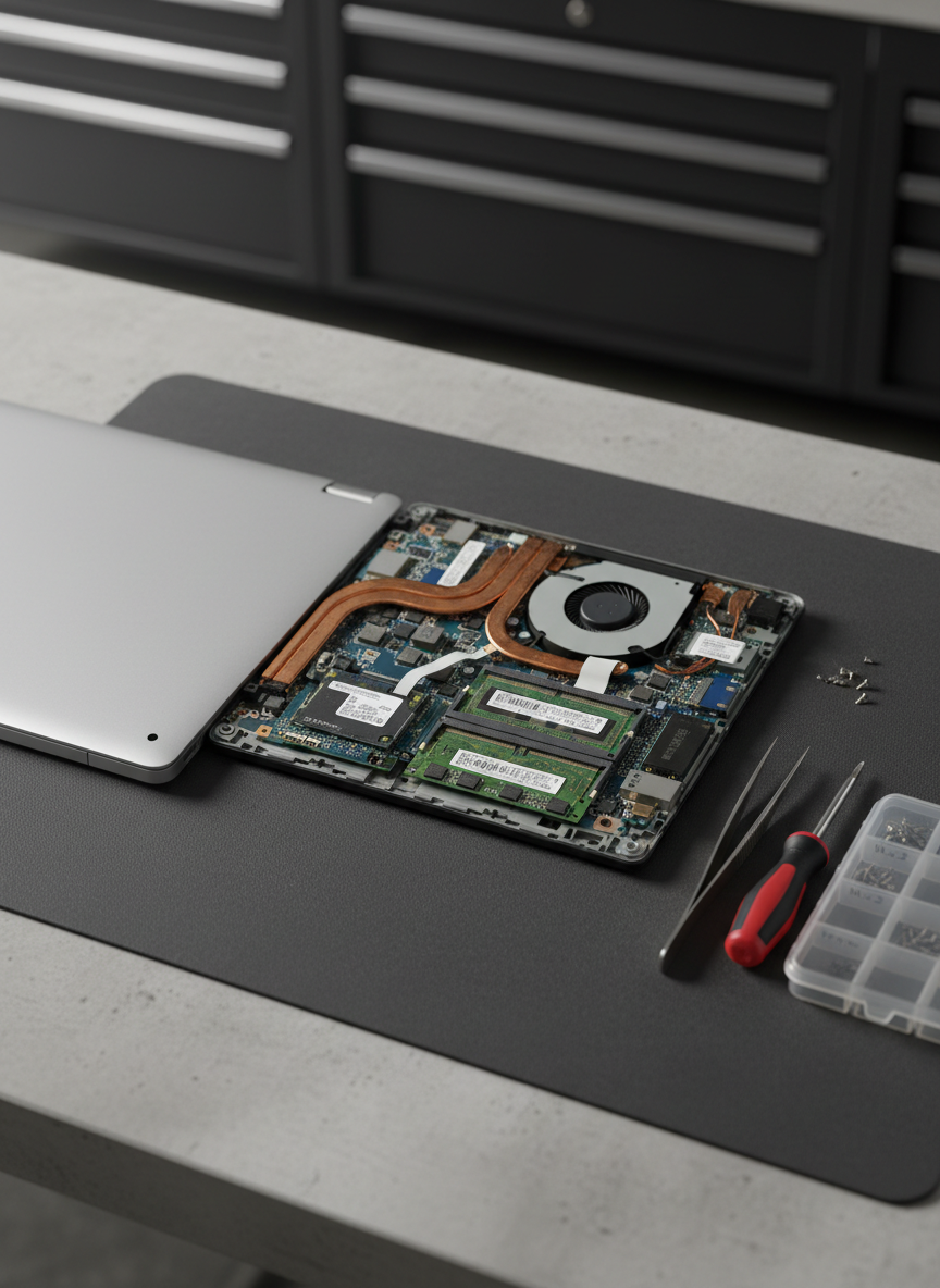 A high-detail close-up of a partially disassembled silver laptop on a dark charcoal anti-static mat, captured in photographic realism. The laptop’s back cover is removed, revealing intricate internal components: copper heat pipes, a cooling fan, memory modules, and a solid-state drive, all sharply in focus. Precision tweezers and a magnetic screwdriver lie parallel beside the device, with a small labeled container of screws nearby. The setting is a minimalist workbench with a light concrete texture surface, fading into a softly blurred background of storage drawers. Neutral, diffused overhead lighting with a subtle side light from the left creates gentle, controlled shadows that highlight textures and edges. Framed in a tight, top-down composition, the mood is technical, professional, and meticulous, ideal for illustrating expert laptop repair services.